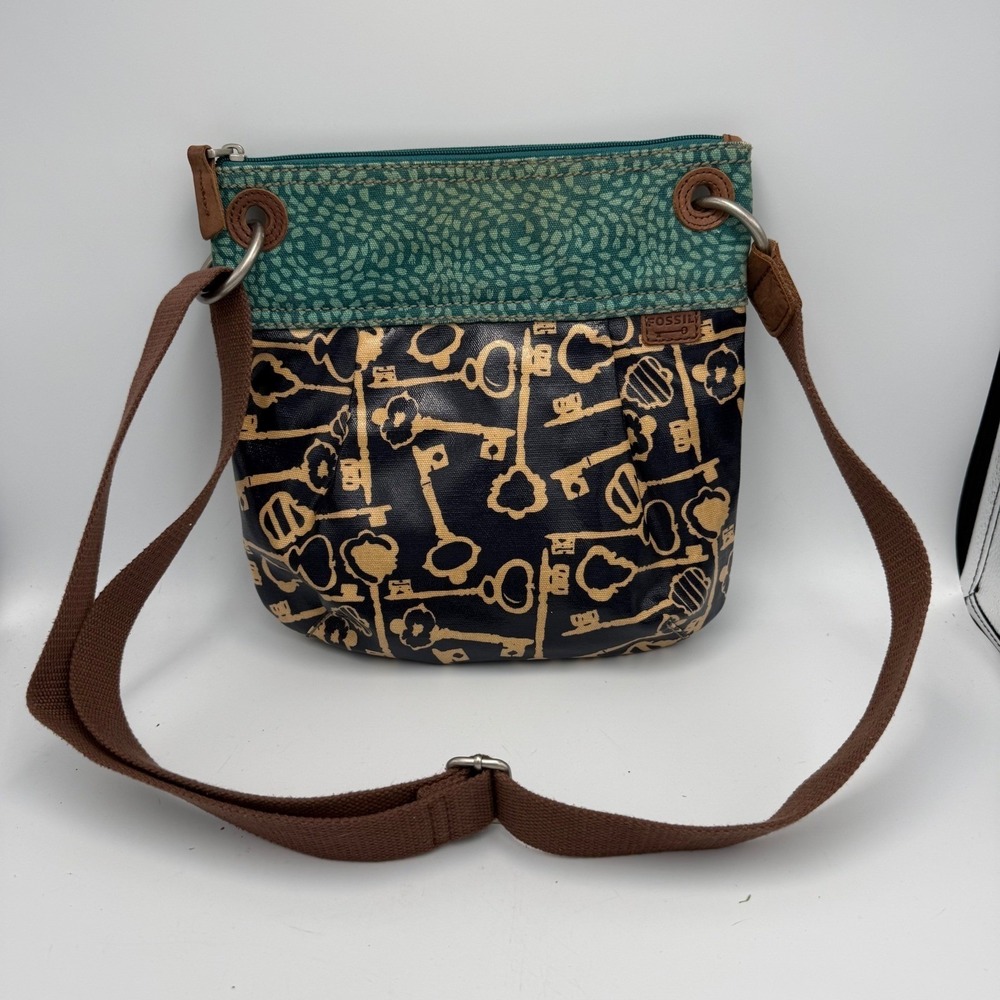 Fossil Key-Per Crossbody Bag Navy Blue Tan Skeleton Key Print Coated Canvas